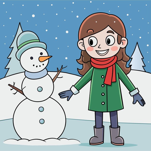 Vector niña en traje de invierno esquí vacaciones nieve diversión niños dibujado a mano plano elegante dibujos animados