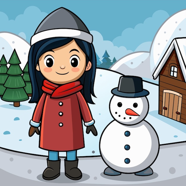 Vector niña en traje de invierno esquí vacaciones nieve diversión niños dibujado a mano plano elegante dibujos animados