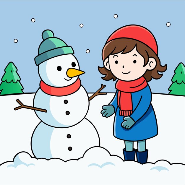 Vector niña en traje de invierno esquí vacaciones nieve diversión niños dibujado a mano plano elegante dibujos animados