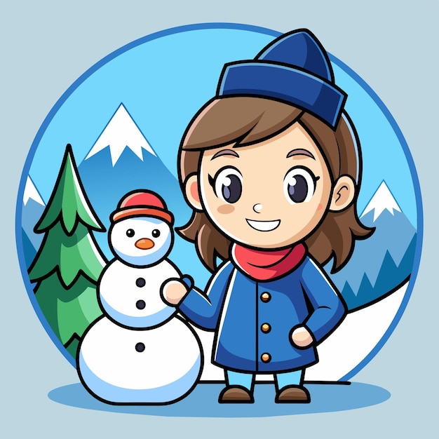 Vector niña en traje de invierno esquí vacaciones nieve diversión niños dibujado a mano plano elegante dibujos animados