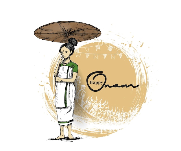 Niña en traje tradicional sosteniendo paraguas festival del sur de la India celebración feliz Onam