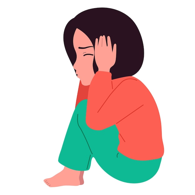 Niña triste deprimida asustada se ve sola Ilustración vectorial de niño asustado indefenso Preocupación y miedo