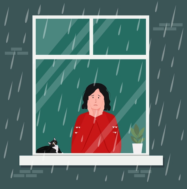 Vector una niña triste mira la lluvia desde su ventana el clima lluvioso no le permite caminar