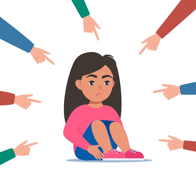 Niña triste o deprimida rodeada de manos con los dedos índice apuntando a ella Bullying social