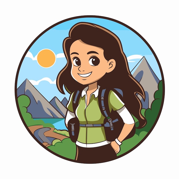 Vector niña turista con mochila en las montañas ilustración vectorial al estilo de dibujos animados