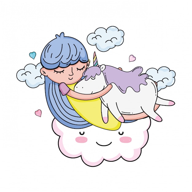 Niña con unicornio y nube kawaii.