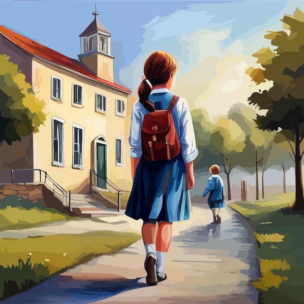 Niña en uniforme escolar con mochila va a la escuela retrato desde la parte de atrás de vuelta a la escuela