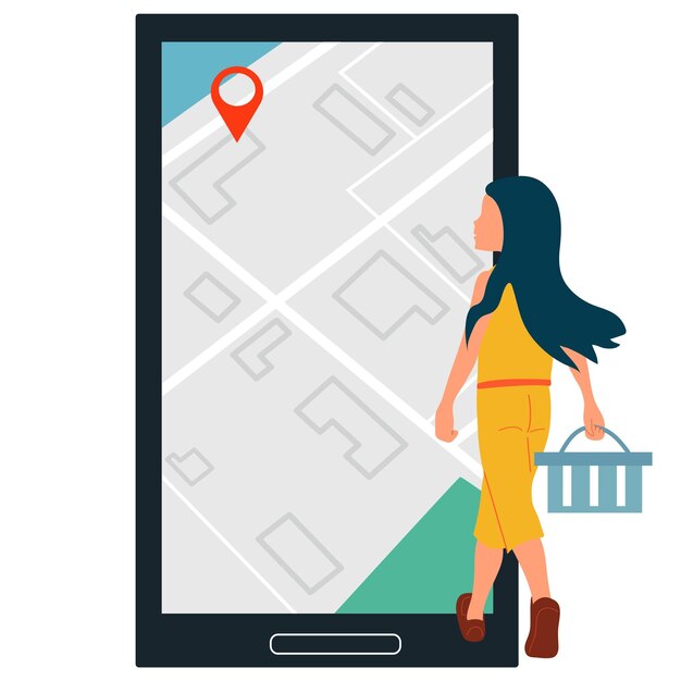 La niña usa un teléfono y un mapa en línea para buscar Shopping useVector