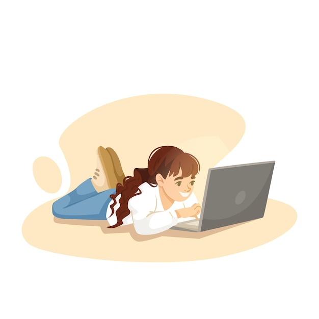Niña usando una computadora portátil mientras yace en el suelo Ilustración vectorial