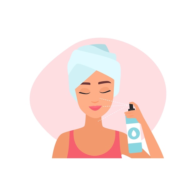 Niña usando un spray de agua termal mineral en la piel de la cara después de procedimientos cosméticos