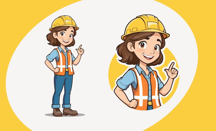 Vector niña en vector mascota premium ingeniero civil diseño de logotipo ingeniería civil niña dibujos animados
