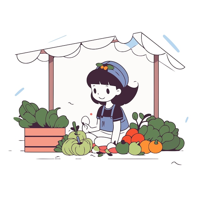 Vector niña vendiendo verduras en el mercado al estilo de dibujos animados