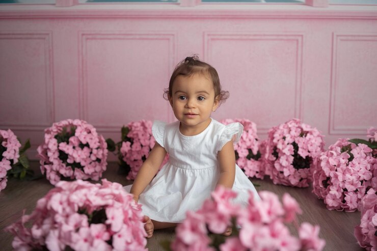 Vector una niña con un vestido blanco está sentada en el suelo con flores rosas