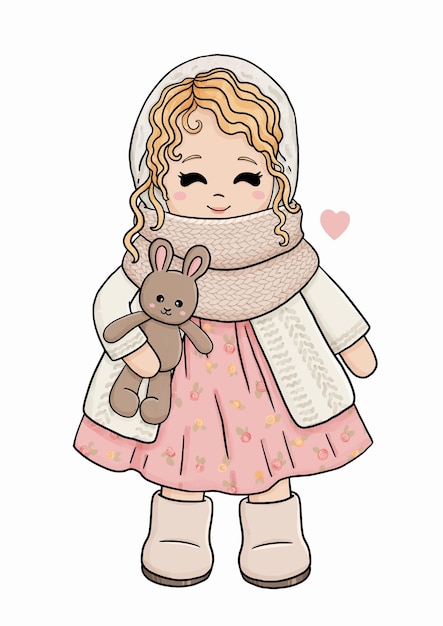 niña, en, vestido, ingenio, conejito, juguete, vector, ilustración