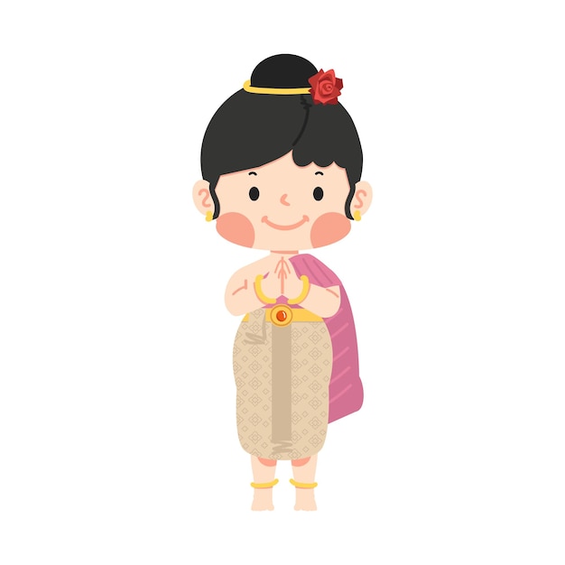 Niña con vestido tradicional tailandés saludando