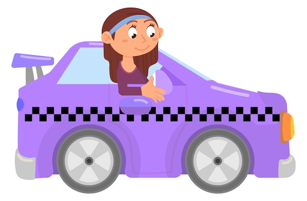 Niña viaja en taxi Juguete de transporte de dibujos animados aislado sobre fondo blanco