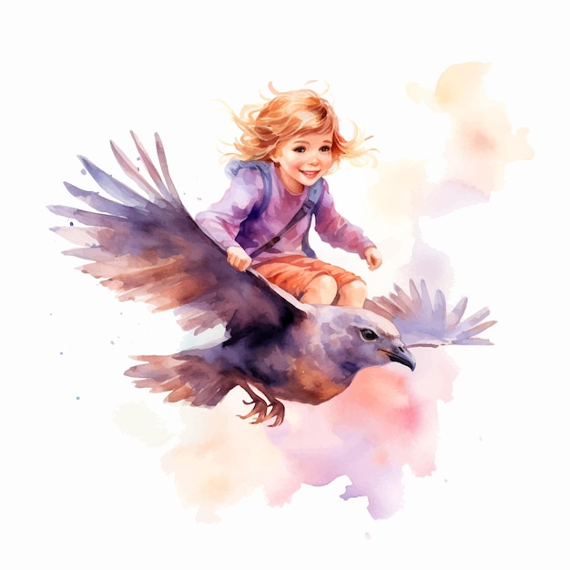 Vector niña volando en la parte de atrás de una pintura de acuarela de pájaro