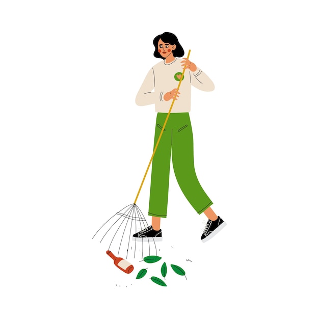 Niña voluntaria recogiendo basura y hojas en la calle usando rastrillo Voluntariado Ilustración vectorial de estilo de vida ecológico en fondo blanco