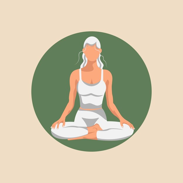 Niña de yoga Una niña de blanco hace yoga en la posición del loto sobre un fondo verde redondo