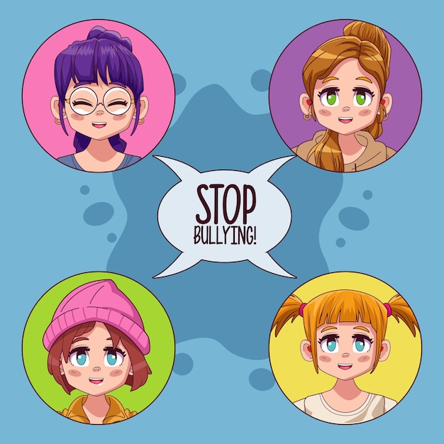 Niñas adolescentes con letras de stop bullying en bocadillo