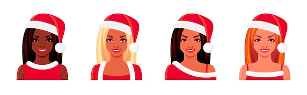 Niñas afroamericanas y europeas con sombreros de Santa Claus. Conjunto de avatar de Navidad de mujeres jóvenes sonrientes.