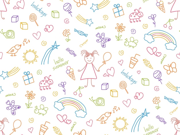 Niñas bonitas garabateando patrones sin costuras vacaciones de verano infancia feliz ilustración niños abstractos