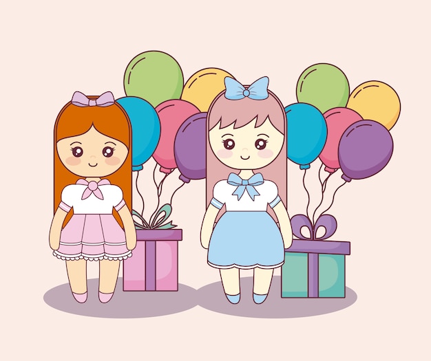 Niñas con cajas de regalos y globos de helio.