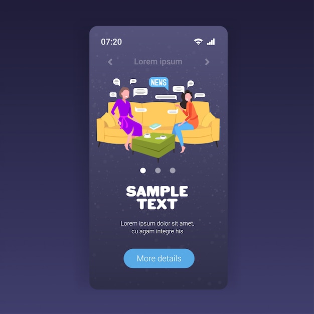 Niñas charlando durante la reunión mujeres discutiendo noticias diarias sentado en el sofá comunicación burbuja de chat