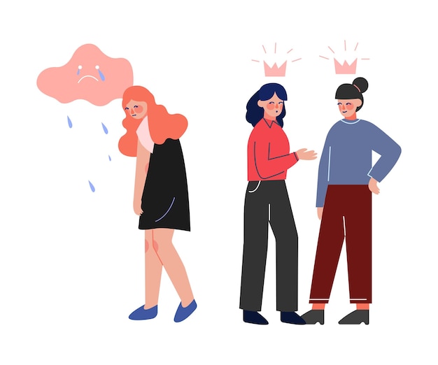 Niñas escolares intimidando a su compañera de clase deprimida Problemas de comunicación entre adolescentes Ilustración conceptual vectorial