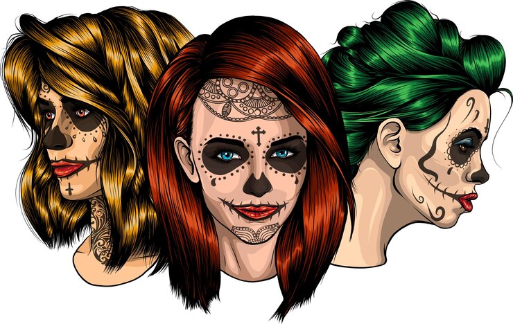 Vector las niñas con esqueleto componen un boceto vectorial dibujado a mano santa muerte mujeres retrato de bruja stock de ilustración