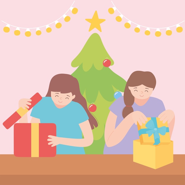 Niñas felices abriendo cajas de regalo en la ilustración de vector de fiesta de navidad