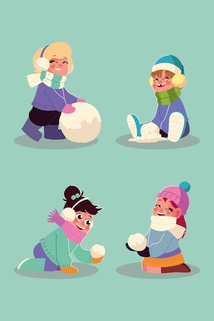 Niñas felices jugando con las bolas de nieve en la ilustración de vector de temporada de invierno