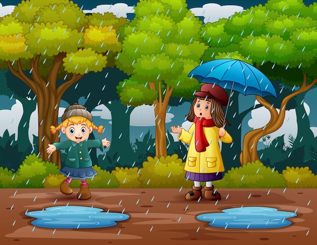 Vector niñas felices jugando bajo la lluvia