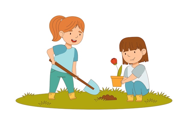 Niñas felices con pala plantando flores en el suelo involucradas en la ilustración vectorial de la actividad de la temporada de primavera