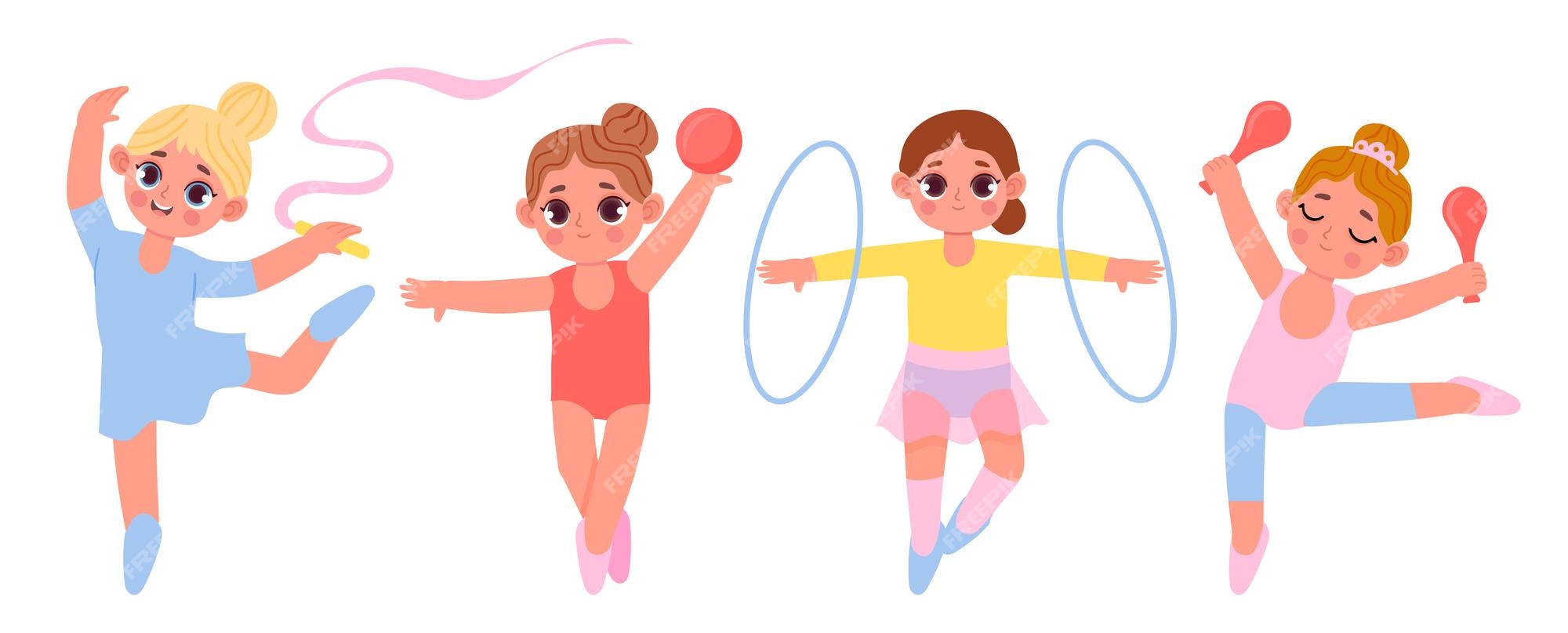 Amarillento No complicado Objetivo Niñas gimnastas de dibujos animados niños haciendo ejercicio con pelota de  aro y palos niños lindos haciendo ejercicios de gimnasia rítmica | Vector  Premium