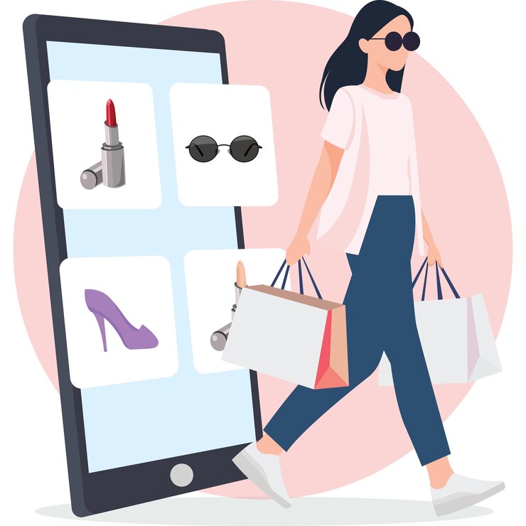 Vector niñas haciendo compras en línea ilustración