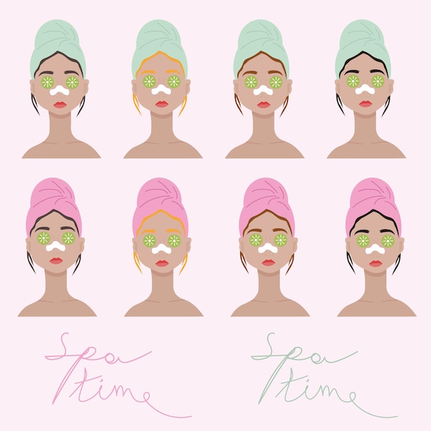 Niñas haciendo su cuidado de la piel en el spa. Ilustración vectorial linda.