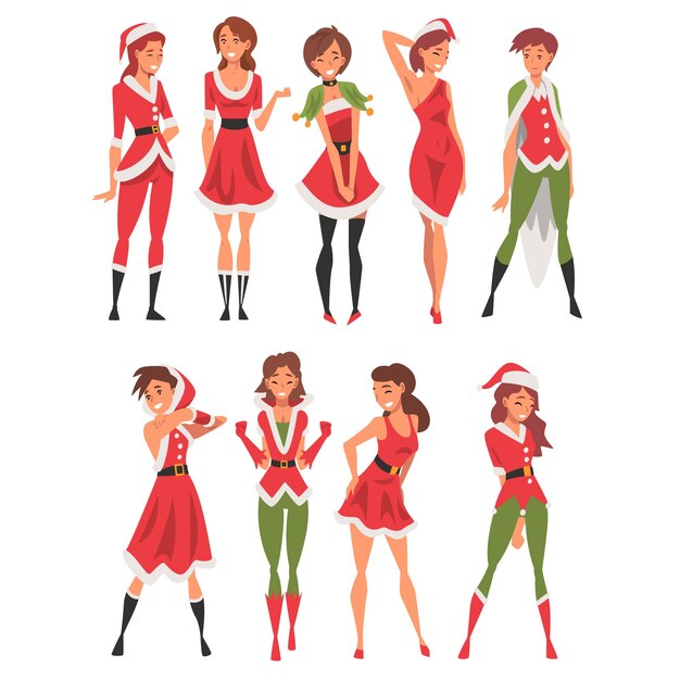 Niñas hermosas con trajes rojos de Papá Noel Colección Mujeres jóvenes felices con ropa de Navidad Ilustración vectorial