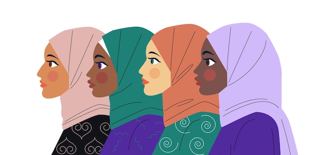 Niñas en hijabs con diferente color de piel.