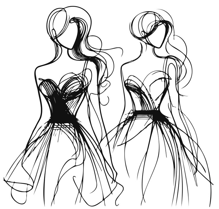 Niñas en ilustración de vestido Esbozo de moda