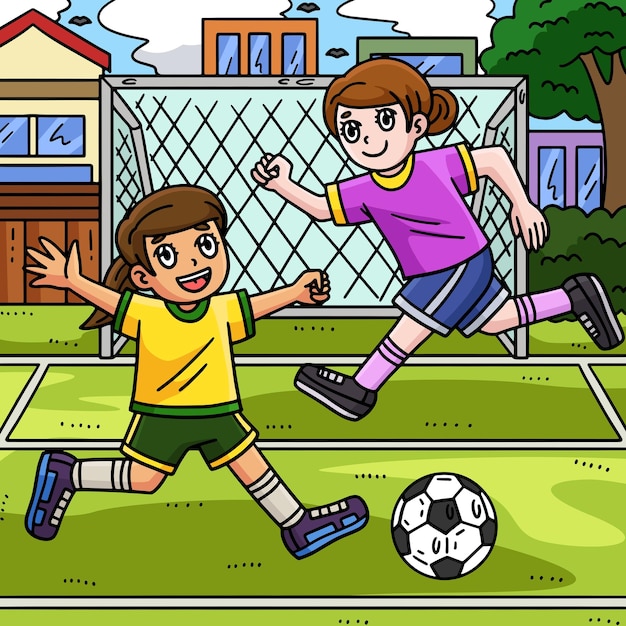 Vector niñas jugando al fútbol ilustración de dibujos animados a color