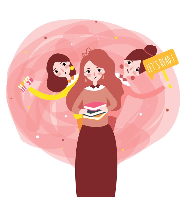 Vector niñas leyendo un libro con una frase vamos a leer un libro aprender juntos ilustración