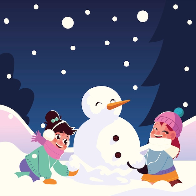 Niñas lindas con muñeco de nieve jugando ilustración de vector de nieve que cae
