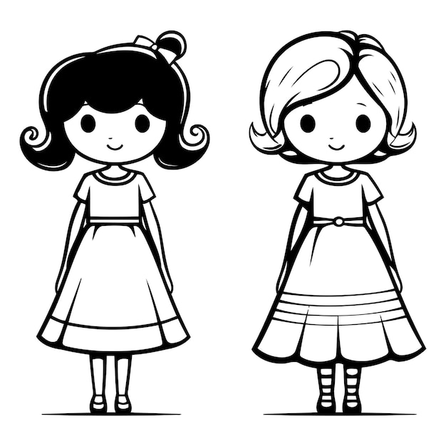 Vector niñas lindas con vestidos al estilo de las caricaturas.