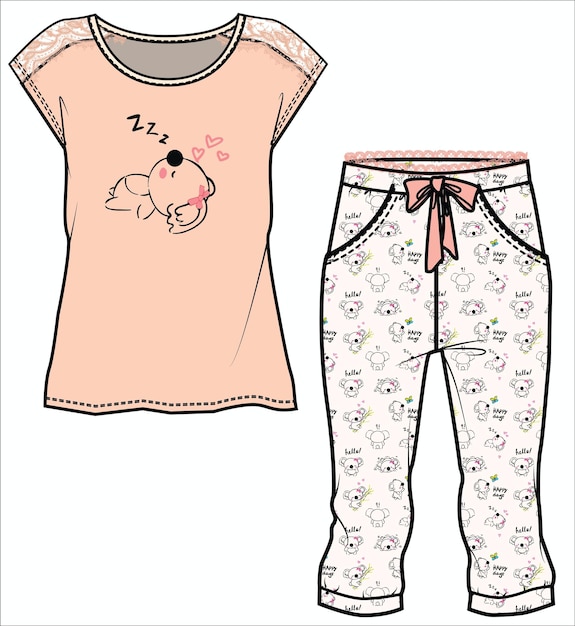 Vector las niñas y las mujeres llevan pijamas conjunto superior e inferior diseño de boceto de ilustración vectorial