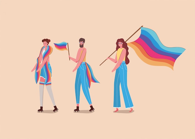 Vector niñas y niños con disfraces y bandera lgtbi