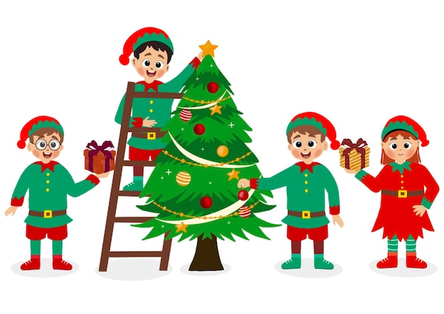 niñas y niños lindos celebran la Navidad decoran el árbol de Navidad