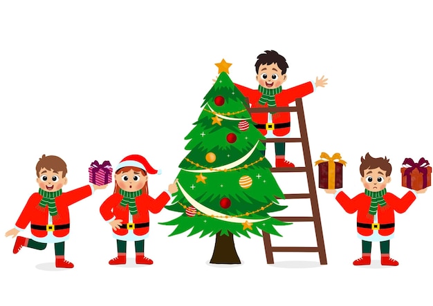 niñas y niños lindos celebran la Navidad decoran el árbol de Navidad