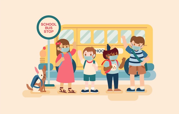 Niñas y niños multiculturales usan máscaras faciales y toman el autobús escolar a la ilustración vectorial escolar