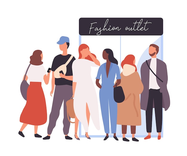 Niñas y niños vestidos con ropa de moda haciendo cola o haciendo cola cerca de las puertas de entrada de las boutiques de moda. Gente elegante esperando la apertura de una tienda, una tienda o una sala de exposición. Ilustración de vector de dibujos animados plana.